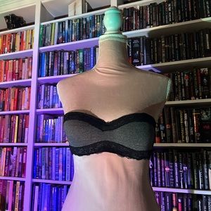 Strapless grey with black lace bra